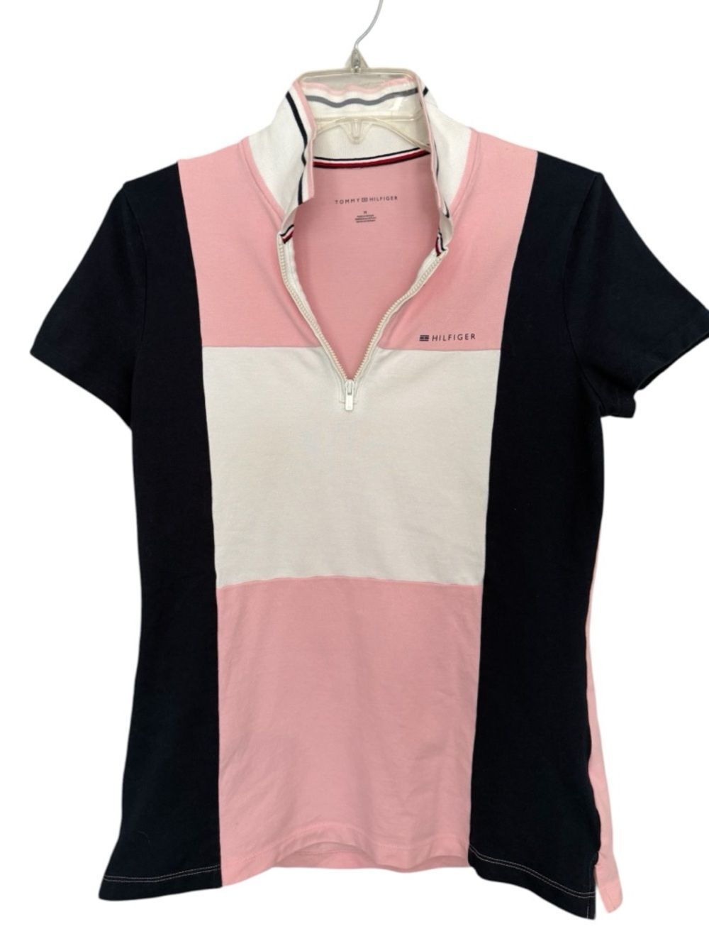 Tommy Hilfiger Pink, White & Black Colorblock Short-Sleeve Quarter-Zip Top